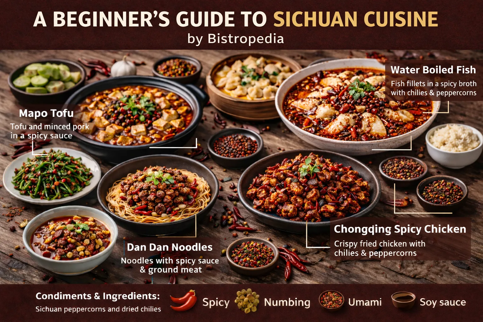 A traditional Sichuan meal with chili oil dishes and peppercorns
