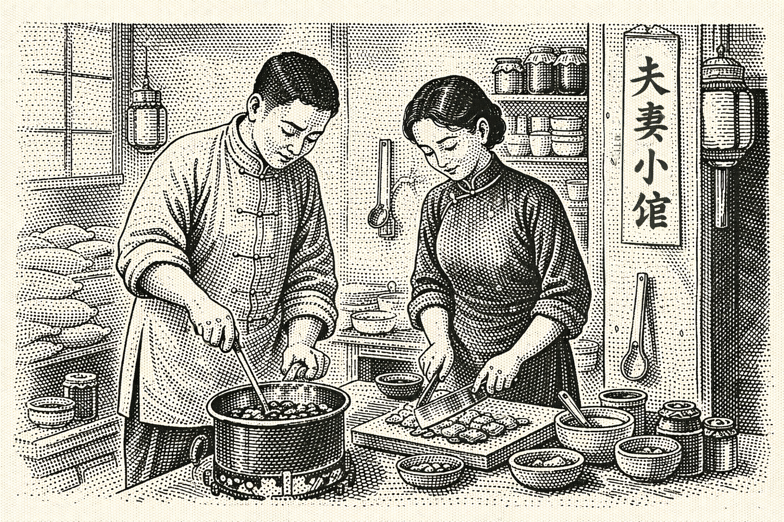 夫妻在街头摆摊烹饪