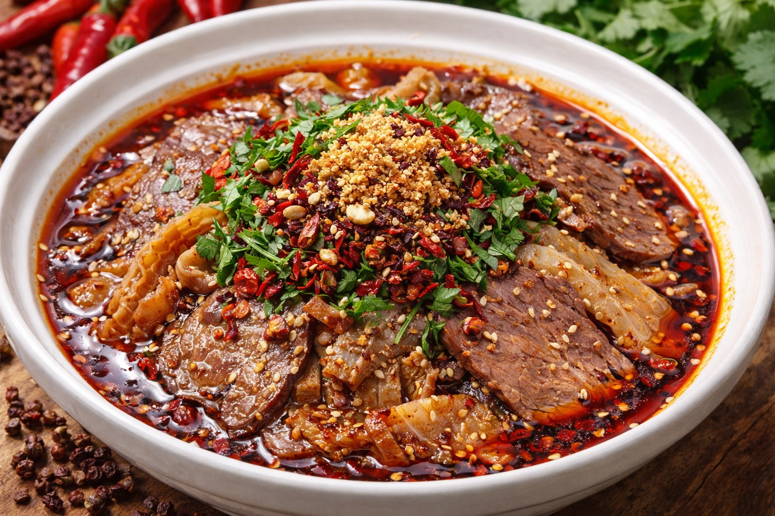 夫妻肺片：薄切牛肉与牛杂拌以红油